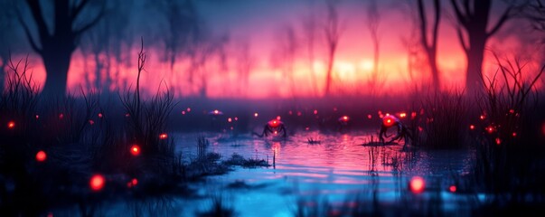 Fototapeta premium Alien swamp, glowing creatures, surreal light, eerie atmosphere