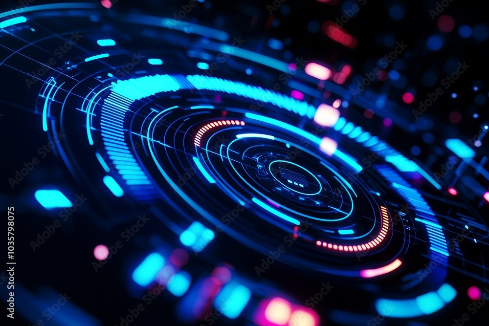 Poster a vibrant digital design featuring concentric circles and colorful light patterns, evoking a futuris
