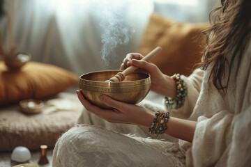 Woman is practicing meditation with tibetan singing bowl in yoga studio
