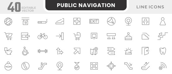 Public navigation line icon set. shopping mall, park, toilet, Taxi, education, barber, Internet, Disability, center, store, market, elevator, exit line icon set. UI thin line icon pack.