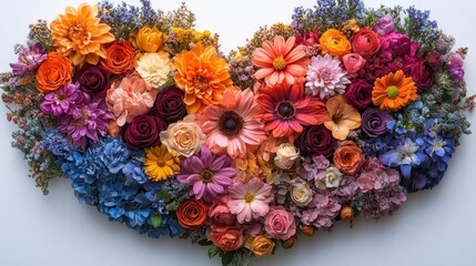 romantic floral heart shape crafted from vibrant flowers radiating love and beauty set against a pure white background ideal for wedding or valentines themes
