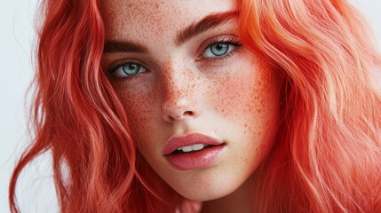 Fototapeta premium A close-up portrait of a model with unconventional beauty, freckles, and a bold hairstyle