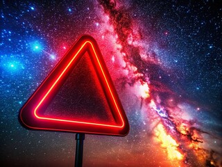 Obraz premium Red Neon Warning Sign Against Starry Night Sky - Futuristic Caution and Alert Concept in Architectural Photography
