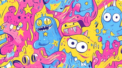 Fototapeta premium Colorful Seamless Pattern of Monster Doodles with Whimsical Characters and Vibrant Colors for Creative Designs