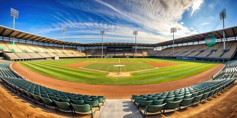 Empty baseball field viewed from stands with an ultra wide angle , sports, baseball, field, stadium, seats, empty