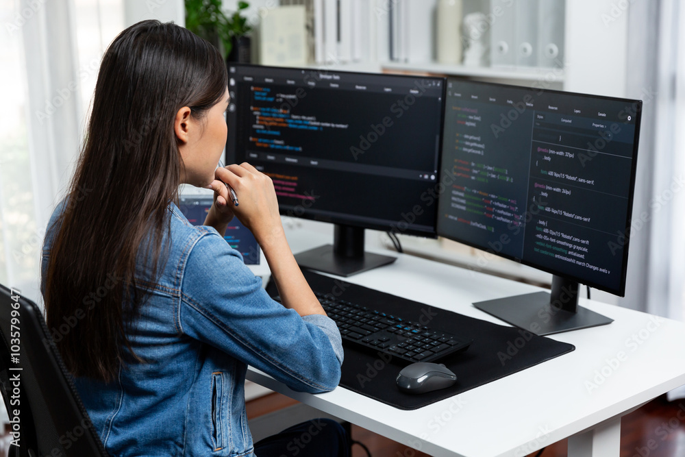Poster young asian it developer looking online information on pc for beautiful pose with coding program dat