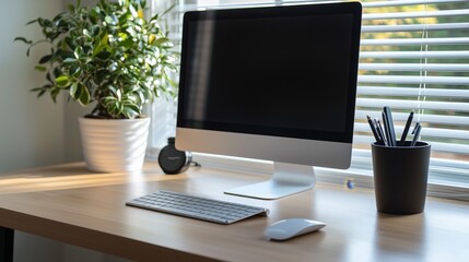 Fototapeta premium Modern Clean Desktop Setup with Wireless Keyboard