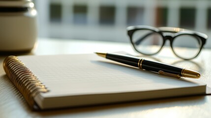 Fototapeta premium Minimalist Desk Setup with Notebook and Pen