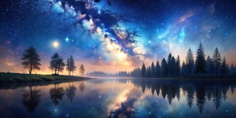 Fototapeta premium A serene landscape painting of a starry night sky with silhouetted trees and a tranquil lake , stars, night, landscape, painting