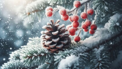 Photorealistic close-up of a snow-dusted pinecone, red berries nestled among frosty pine branches, with soft snow falling in the blurred background