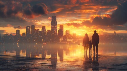 Fototapeta premium Family Enjoying a Beautiful Sunset Skyline on a Memorable Travel Adventure