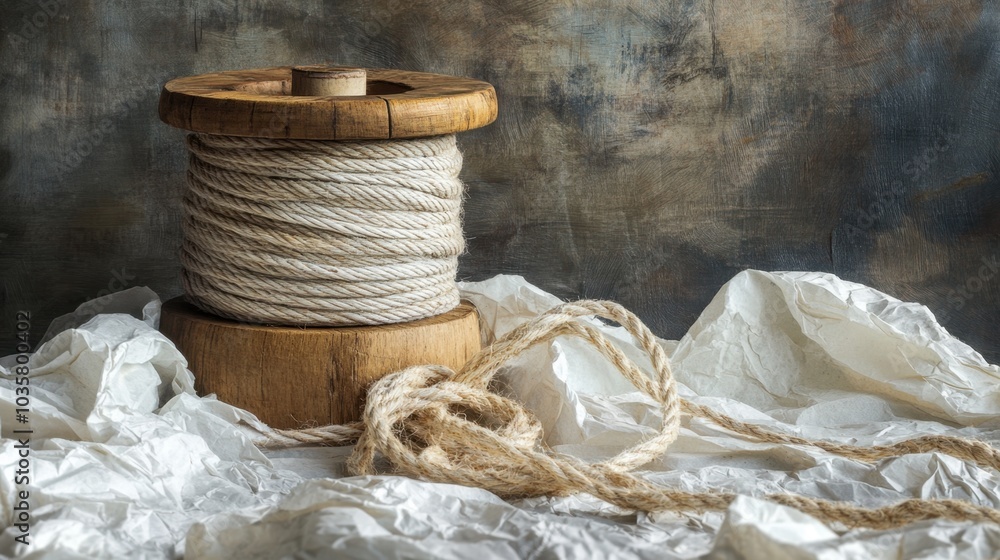 Poster a textured backdrop of crumpled paper with a wooden spool of twine and thick rope, creating a rustic