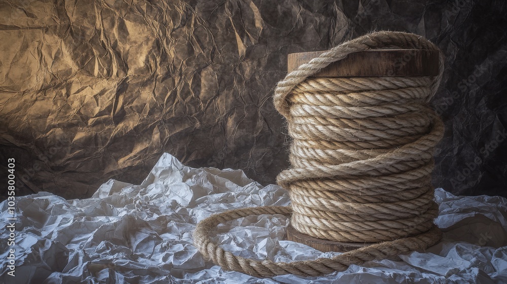 Poster a textured backdrop of crumpled paper with a wooden spool of twine and thick rope, creating a rustic