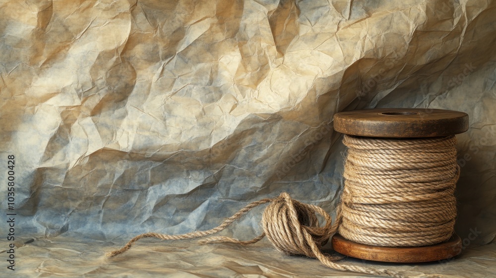 Aufkleber a textured backdrop of crumpled paper with a wooden spool of twine and thick rope, creating a rustic