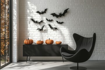 Minimalist Room with Halloween Decorations on White Brick Wall, Bats and Pumpkins on Table, Black Chair.