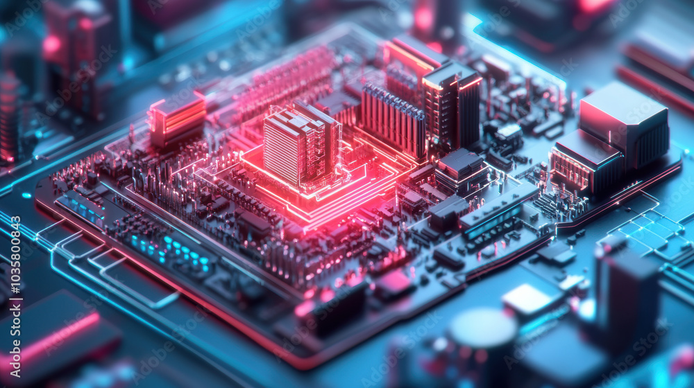 Aufkleber futuristic circuit board with glowing components and intricate design