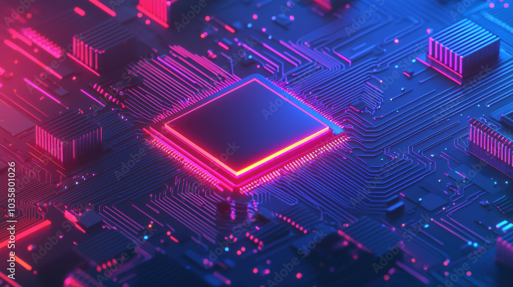 Poster high tech circuit board with glowing microchip and neon lights