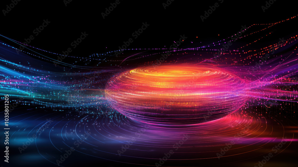 Poster vibrant abstract 3d torus with smooth vector lines and colorful light trails