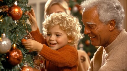 Grandfather and grandson joyfully decorate a Christmas tree together, AI