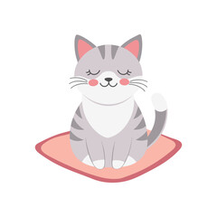 Cute cat. Cute gray tabby kitten on a pillow. Flat style illustration, postcard
