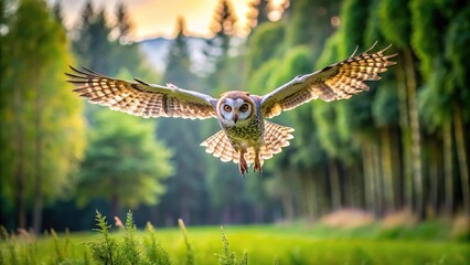 Obraz premium Adorable owl flying gracefully over lush green field with tall trees