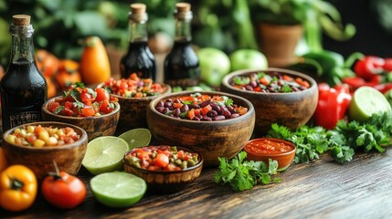 Fototapeta premium rustic wooden table adorned with vibrant decorations for a lively mexican fiesta ready for a celebration filled with color food and culture
