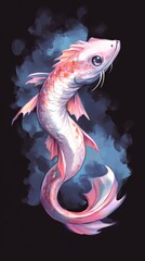 Fototapeta premium A painting of a white-orange fish against a black backdrop, surrounded by a blue sky, with the fish situated in the middle, its tail extending into the image
