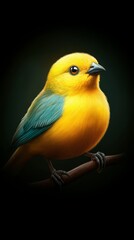 Obraz premium A yellow and blue bird atop a tree branch against a dark backdrop