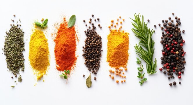A photograph of various spices arranged in rows on a white background, including cumin powder, turmeric powder, whole black peppercorns