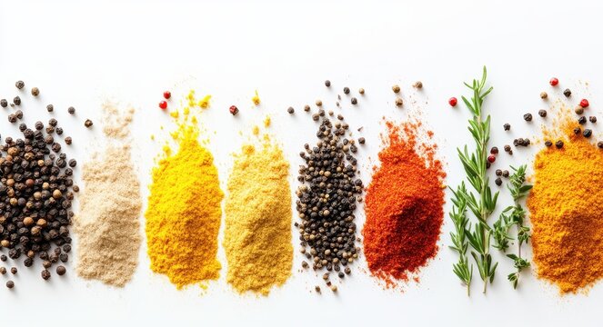 A photograph of various spices arranged in rows on a white background, including cumin powder, turmeric powder, whole black peppercorns