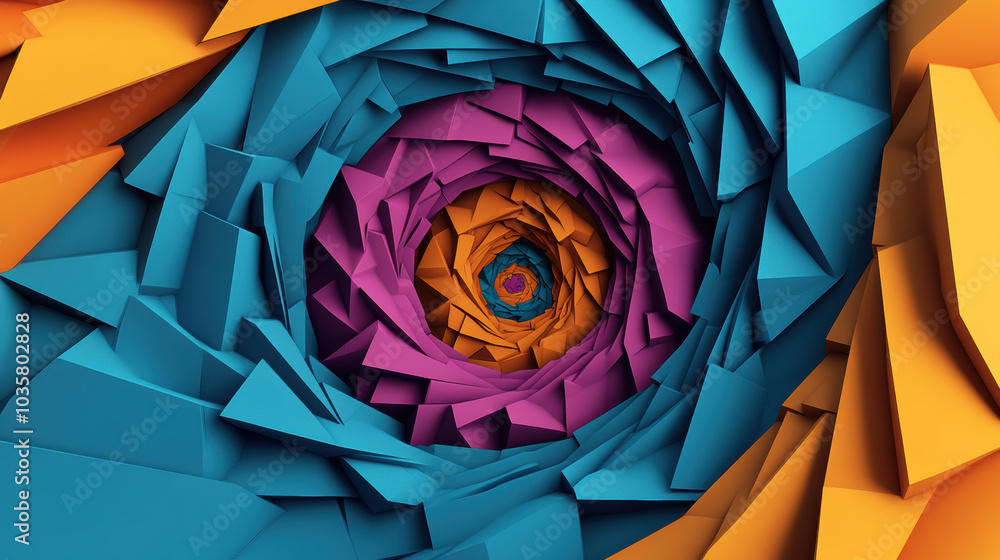 Poster dynamic spiral of vivid polygons in vibrant colors creates mesmerizing effect