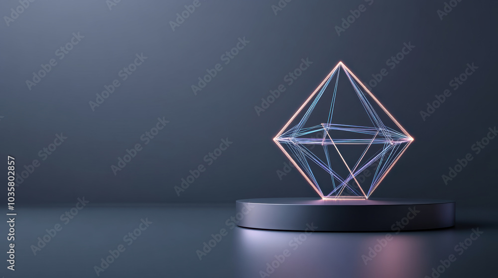 Poster elegant 3d vector polyhedron with glowing lines on dark background
