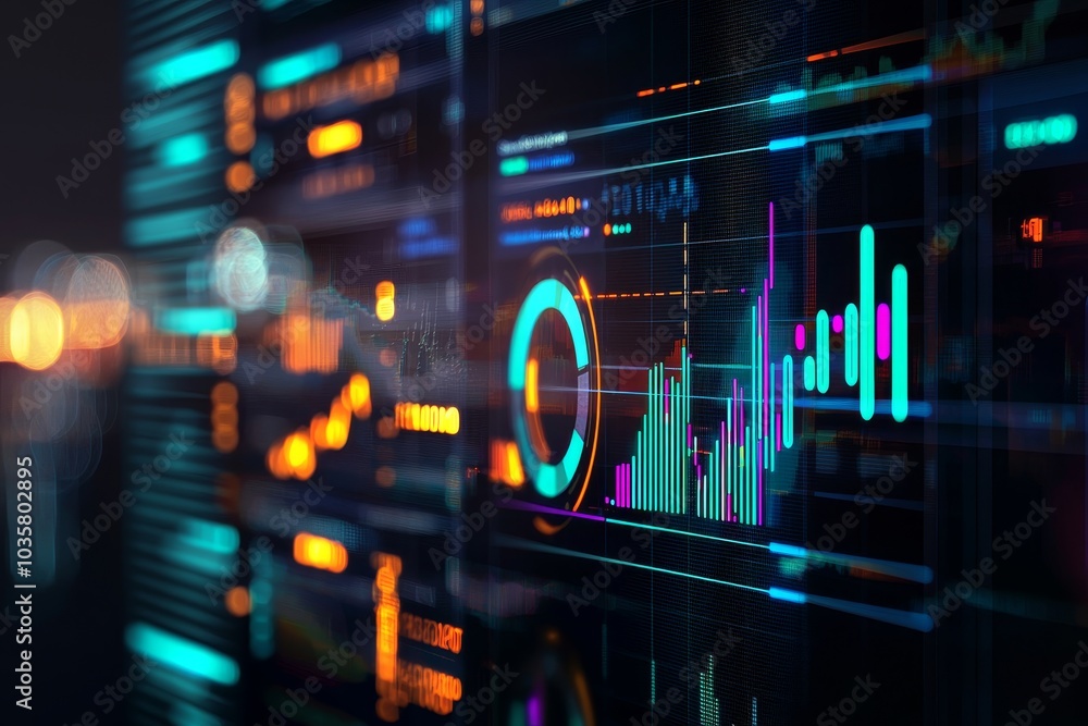 Poster a vibrant display of data visualization featuring glowing graphs and charts, illustrating analytics 