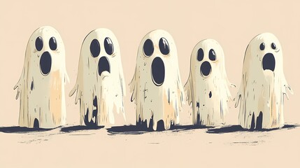 Obraz premium Five whimsical ghosts with exaggerated expressions, perfect for Halloween-themed designs.