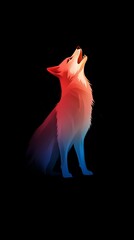  A red, white, and blue wolf sits atop a black backdrop, gazing upward at the sky