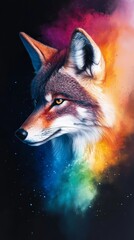 Fototapeta premium A painting of a fox's head with a rainbow palette and starlit backdrop