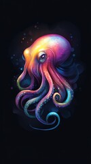  A painting of an octopus against a black backdrop, its face adorned with vibrant hues, tentacles likewise colored