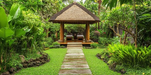 Obraz premium Stone pathway leading to a thatched roof hut.