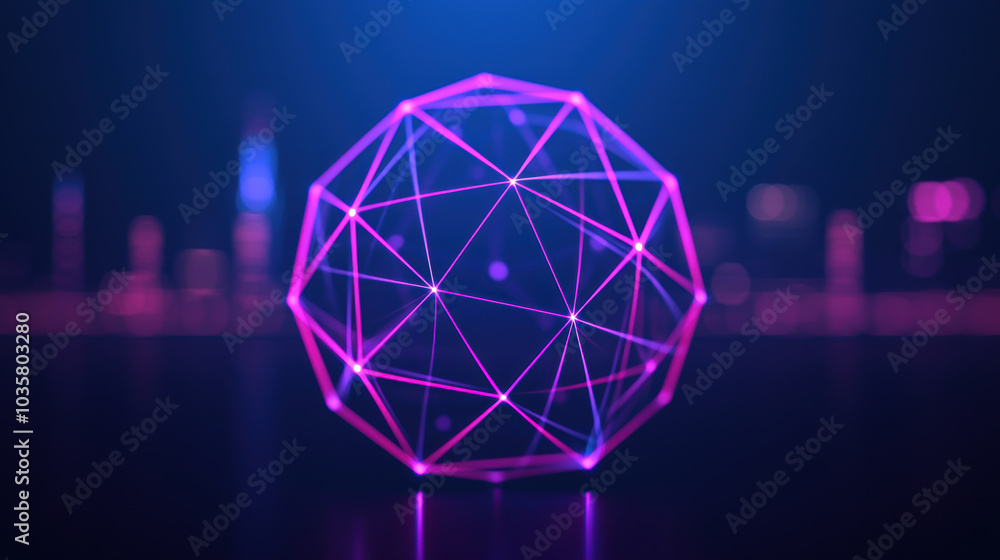 Poster glowing polyhedron with intricate lines and vibrant colors creates captivating visual