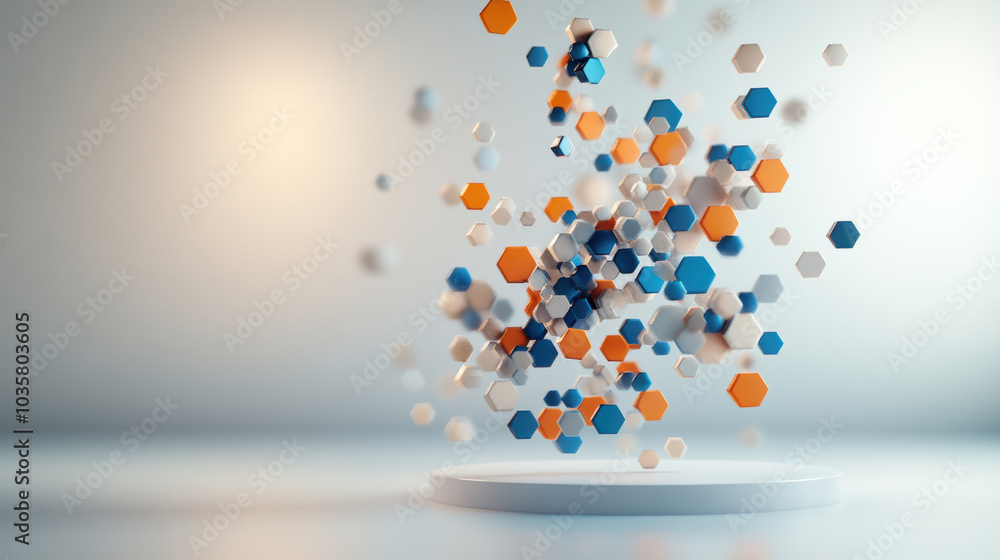 Poster floating hexagons create dynamic visual effect with soft gradients
