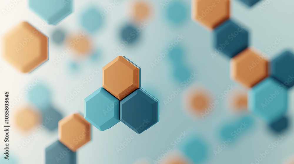Poster floating hexagons create soft gradient effect, evoking sense of depth and modernity