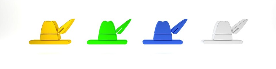 Colorful Oktoberfest hat icon isolated on white background. Hunter hat with feather. German hat. Minimalism concept. 3D render illustration