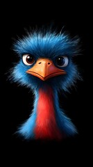 Fototapeta premium A tight shot of an ostrich's head against a black backdrop, with red, blue, and black accents