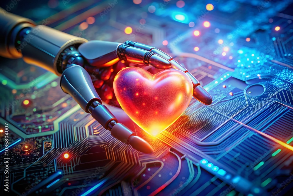 Poster robot hand touching digital heart on technological background - ai innovation and emotion