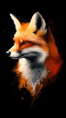 Obraz premium Close-up of a fox's face against black backdrop with orange and white paint splatters