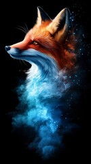 Obraz premium A painting of a fox's head with smoke trailing behind in shades of blue and red