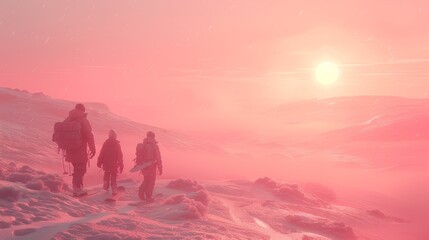 Obraz premium Family Enjoying a Winter Adventure at Sunset - Happiness and Togetherness in Nature