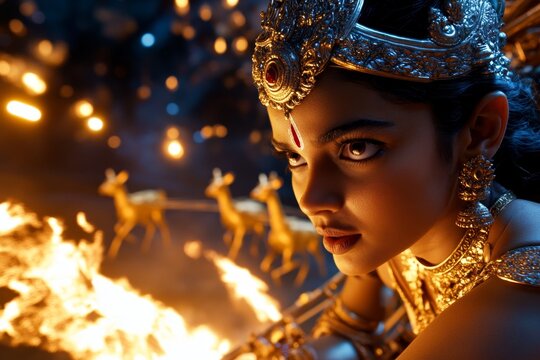 Sita being abducted by Ravana in his chariot, with golden deer running in the distance