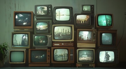 Stacks of old vintage televisions display various nature scenes, representing the evolution and history of television technology over time.