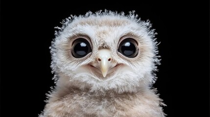 Obraz premium Adorable baby owl with wide eyes and soft, fluffy white feathers, gazing curiously at the camera